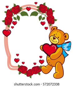 Oval label with red roses and cute teddy bear holding a big heart. Copy space. Vector clip art.