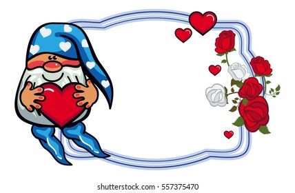 Oval label with roses and cute gnome holding heart. Design element for holiday decorations, greetings, Valentine day and birthday cards. Vector clip art.