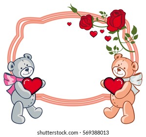 Oval label with  roses and two teddy bears holding heart. Copy space. Vector clip art