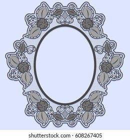 Oval lace frame on blue background. Black openwork with flowers. Vector illustration.