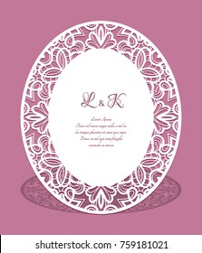 Oval lacy doily with cutout border ornament, lace paper napkin, elegant decoration for laser cutting or wood manufacturing, vector greeting card or wedding invitation template