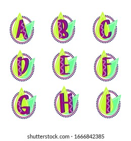Oval leaf pattern alphabet set. Abcdefghi letters set. Isolated purple lettering type characters using geometric patterns and leaves. Vector illustration font for cards banners tags journals and logos