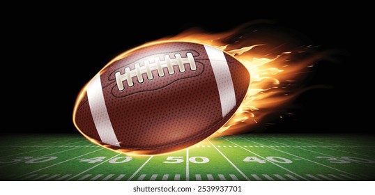 Oval leather American football ball on a green field. Highly realistic illustration.