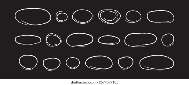 Oval line charcoal hand drawn, chalk highlight doodle, pen underline, crayon ring, brush marker ellipse. White round shape box on blackboard. Scribble vector illustration