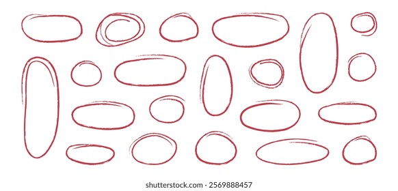 Oval line hand drawn, brush marker highlight doodle, pen underline, circle sketch, crayon ring, red chalk ellipse. Scribble shape box isolated on white background. Round vector illustration