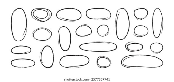 Oval line hand drawn, brush marker highlight doodle, pen underline, circle sketch, crayon ring, black chalk ellipse. Scribble shape box isolated on white background. Round vector illustration