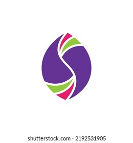 Oval logo with pink and green colored curves within bigger purple curves. Simple and flat logo. Suitable for company, product, organization, industry, and technology.