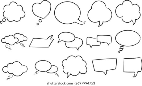 Oval , love ,square chalk, crayon hand drawing speech bubble set. Vector stock grunge texture illustration on white chalkboard background for design template business presentation, school education.
