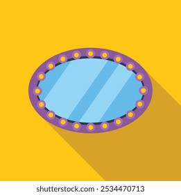 Oval makeup mirror with light bulbs is reflecting on yellow background