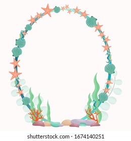 Oval marine, sea frame in vector design. Decorated with starfish, shell, stones, underwater plants. Elegant composition for design