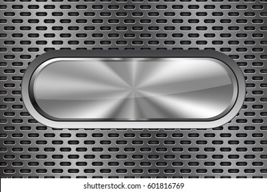 Oval metal button. On iron perforated background. Vector 3d illustration