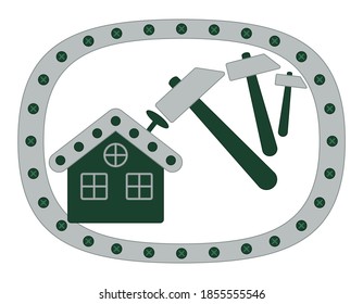 Oval metal copy space frame with house, bolts, nails and hammer. Isolated colored vector illustration of construction, building, hand made work and creative occupation