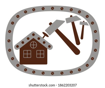 Oval metal copy space frame with house, bolts, nails and hammer. Isolated colored vector illustration of construction, building, hand made work and creative occupation