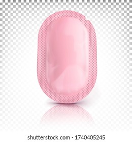 Oval mini sachet, package, pink packaging isolated on a white transparent background. Top view. Vector template, mock up.