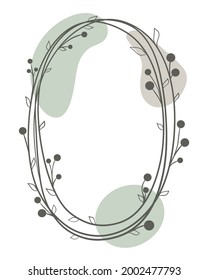 Oval minimalistic frame with leaves and berries, vector illustration. Hand drawing wreath. Botanical natural rim. Bezel, line art.