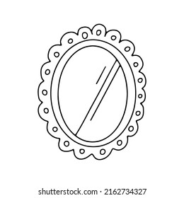 Espejo ovalado con una hermosa ilustración lineal del marco. Imagen de contorno. Vector