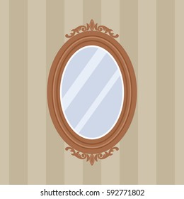 The oval mirror in a carved wooden frame hanging on the wall. flat vector illustration isolation