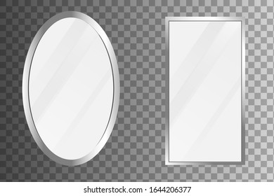 Oval mirror with empty surface on isolated background. Set of mirror decor.Empty mirrors with reflect in mockup style.  vector illustration