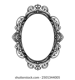 Oval mirror frame, Baroque, filigree, swirl, floral vintage outline design concept. Decorative antique frame vector isolated on white background.