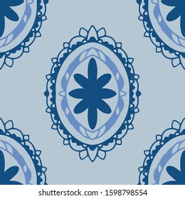 Oval motif seamless vector pattern in classic blue and coordinating colors