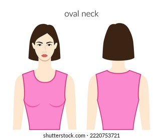 Oval neckline clothes character beautiful lady in pink top, shirt, dress technical fashion illustration with fitted body. Flat apparel template front, back sides. Women, men unisex CAD mockup