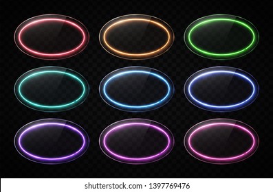 Oval neon lights banners set. Colorful led or halogen lamp technology frames with glossy plastic or glass texture background. Elements design with text place. Bright electric signs vector illustration