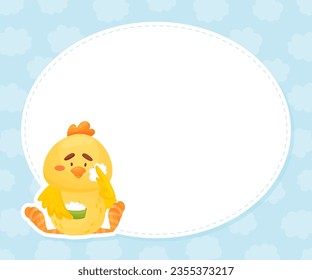 Oval Note Card with Cute Yellow Chicken Character Apply Cream Vector Template