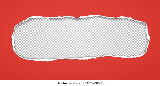 Oval, oblong hole composition in red paper with torn edges and soft shadow is on squared, transparent background. Vector illustration