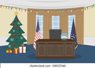 Oval Office in the White House with christmas tree.