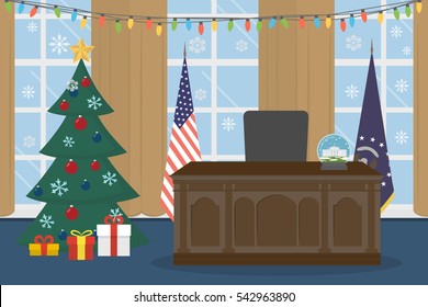Oval Office in the White House with christmas tree.