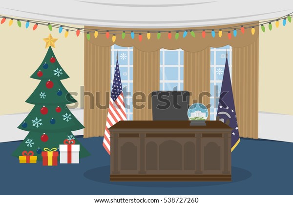 Oval
Office in the White House with christmas
tree.