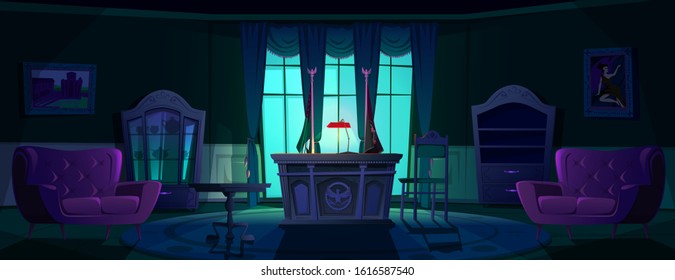 Oval office in White house at night. Vector cartoon empty interior of american presedent cabinet with vintage furniture, leather chair, retro wooden clock, flag of USA and lamp lighting desk