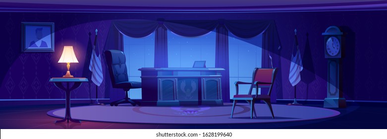 Oval Office In White House At Night. Vector Cartoon Empty Interior Of American President Cabinet With Vintage Furniture, Desk And Leather Chair, Flag Of USA And Lit Lamp On Table