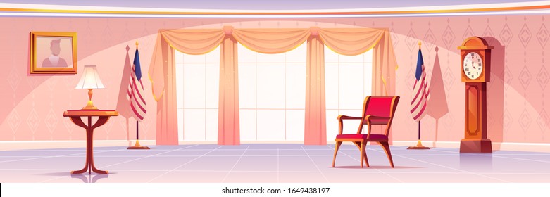 Oval office in White house. Vector cartoon empty interior of american presedent cabinet with vintage furniture, leather chair, retro wooden clock, flags of USA and table lamp