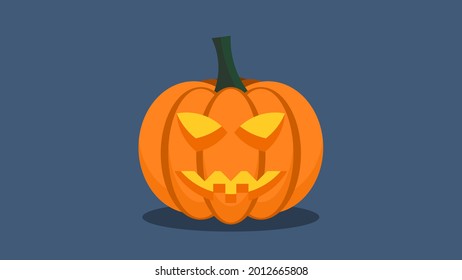 Oval orange carved Halloween pumpkin with scary face, illuminated from the inside. Blue background.