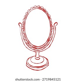 Un espejo de mesa barroco ovalado y ornamental. Un accesorio vintage para mujer. Ilustración de contorno retro de Vector en rojo