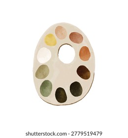 An oval painter palette with round wells filled with assorted paints