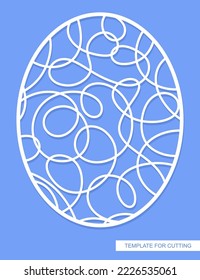 Oval panel with pattern of chaotic lines. Abstract geometric ornament from loops, waves, swirls. Template for plotter laser cutting of paper, metal engraving, wood carving, cnc. Vector illustration.