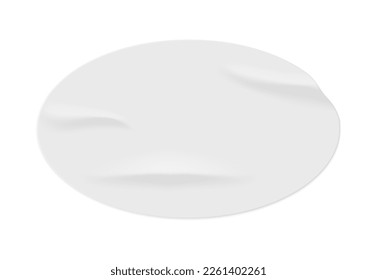 Oval paper sticker made of crumpled texture. Isolated icon of wrinkled glued piece of sheet. Label or emblem with copy space. Vector in realistic style