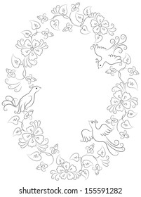 Oval pattern with black contour of birds and flowers. Vector background.