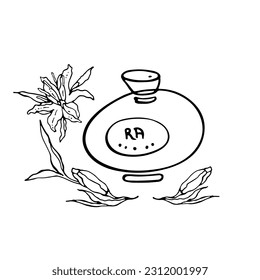 Botella Perfume Oval. Dibujos de moda en blanco y negro. Ilustración vectorial.