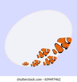 oval photo frame with beautiful orange fish on a blue background. marine background for decoration. template vector illustration