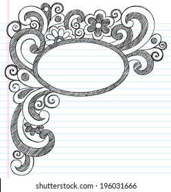 Borde del marco de imagen ovalado de vuelta a la escuela con carátulos para portátiles - Elemento de diseño de ilustración en fondo de papel de cuaderno de esbozo en línea