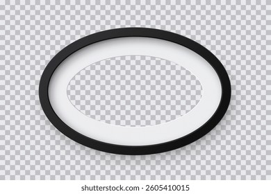 Oval picture frame with minimalist design. Black photo frame isolated on transparent background. Empty mockup. 3d realistic template vector illustration.