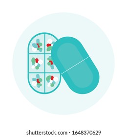 Oval pill box.Tablets and capsules in a plastic organizer.Medical care, weekly and daily medication.Medical concept, treatment, pain relief.Flat cartoon vector illustration