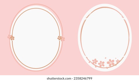 Oval pink gold sign frame with cherry blossom Sakura flower on pink background vector illustration.