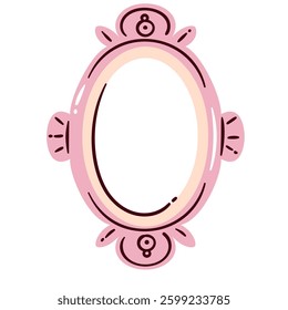 Oval pink princess frame for portrait and mirror. Retro border with flourishes ornament and decor for picture and photo. Art gallery mascot, vintage frame cartoon vector illustration