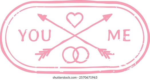 Oval pink stamp featuring crossed arrows, wedding rings, and a heart, conveying the essence of love, marriage, and unity with the heartfelt phrase you and me