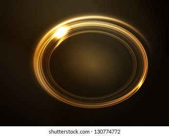 Marcador de posición ovalado, marco con efectos luminosos en tonos dorados y amarillos sobre fondo marrón oscuro. Espacio para el texto. EPS10