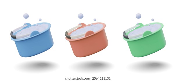 Oval plastic bucket with soap foam and flying bubbles. Container with diluted liquid detergent. Vector model in tilted position. Set of elements in different colors